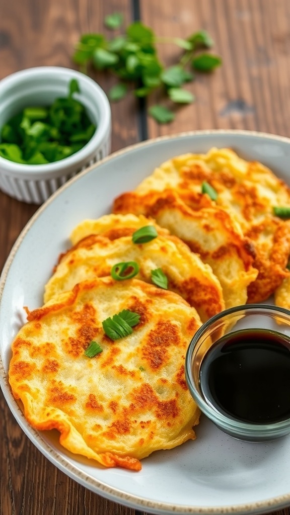 Crispy vegetable rice paper pancakes served with soy sauce on a rustic wooden table.
